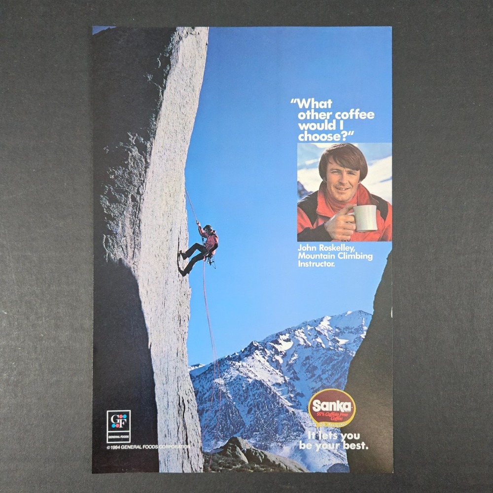 1984 Sanka Coffee General Foods Vintage Print Ad Mountain Climber John Roskelley